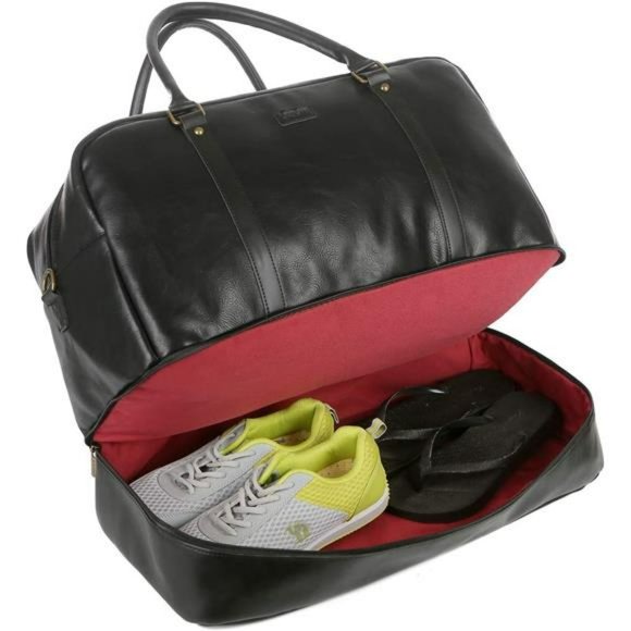 Leather Large Travel Duffel Tote Bag Carry On With Shoe Compartment (Black) - Picture 11 of 14